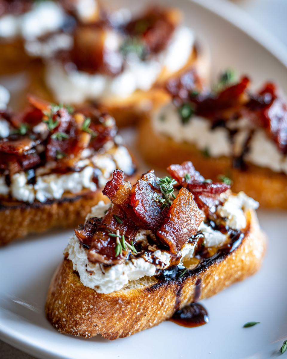 Close-up of a maple bacon goat cheese crostini appetizer featuring creamy goat cheese, candied bacon, and a balsamic glaze on toasted bread.