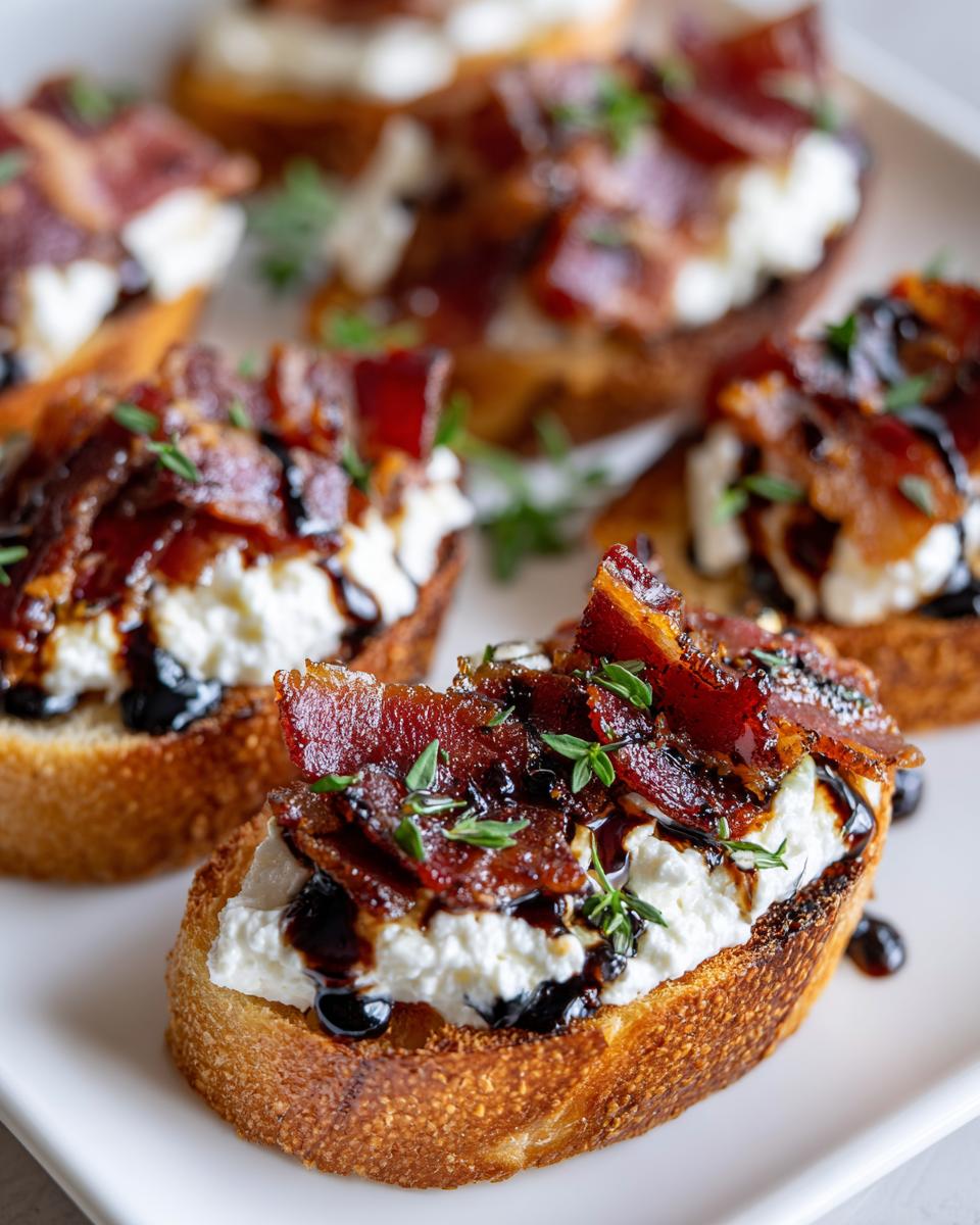 Close-up of a perfectly toasted maple bacon goat cheese crostini topped with balsamic glaze and fresh thyme.