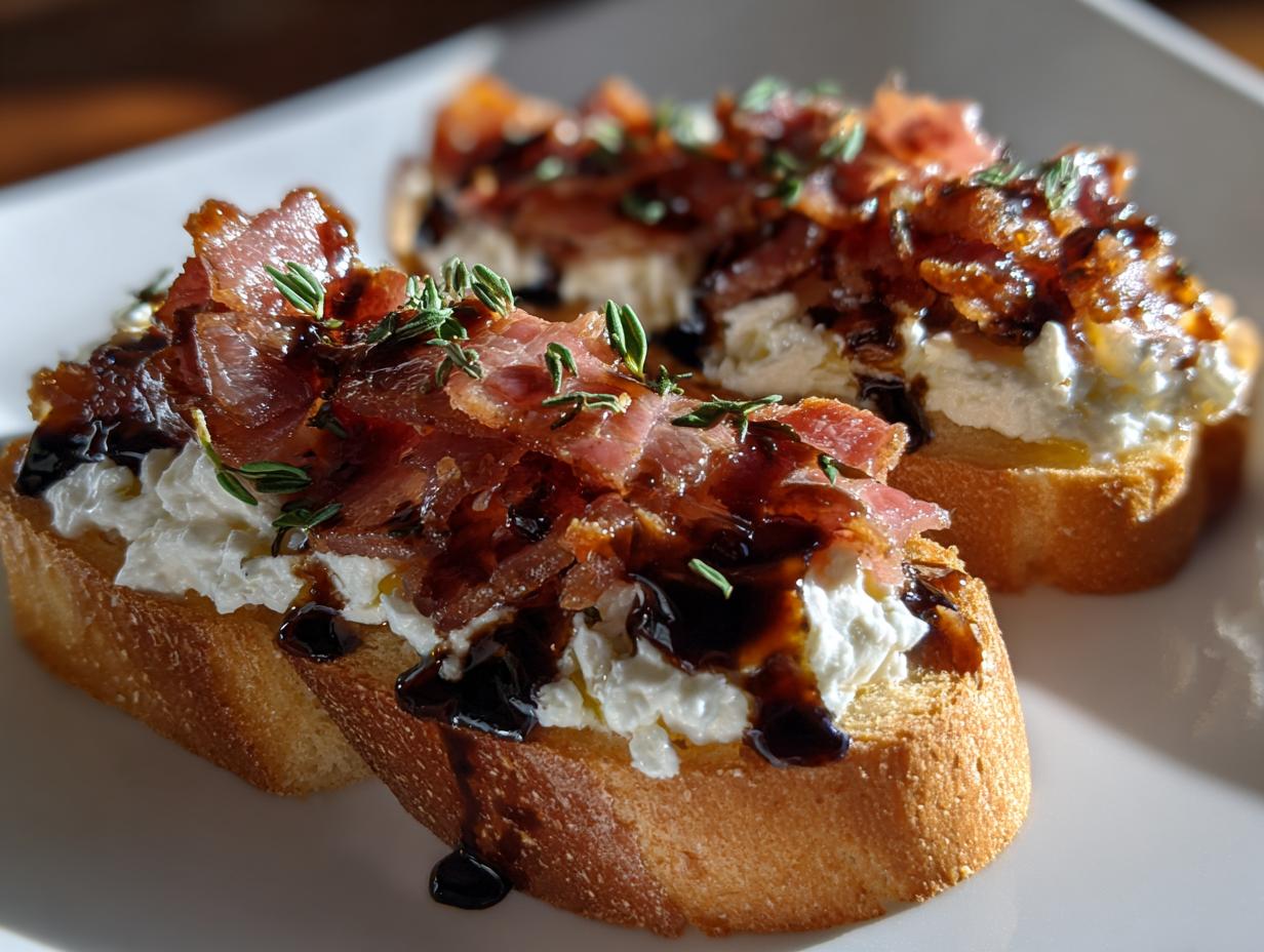 Close-up of two maple bacon goat cheese crostini topped with balsamic glaze and fresh thyme.