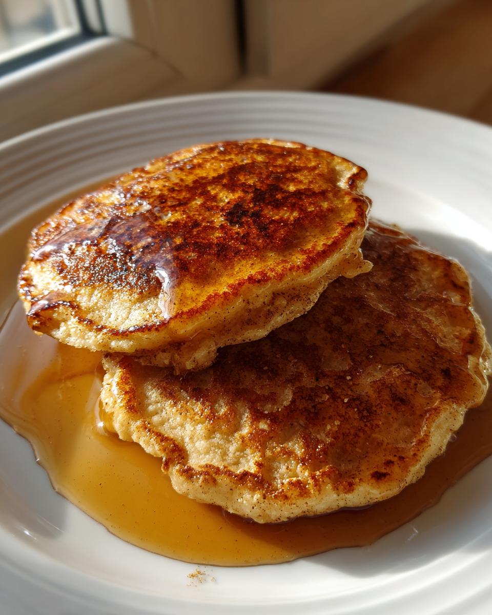 A close-up of two golden maple ginger pancakes stacked and drizzled with syrup on a white plate.