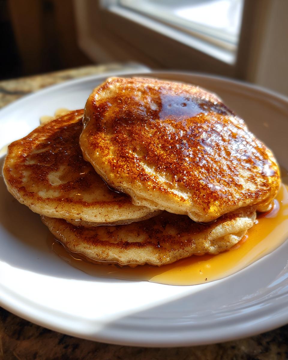 Close-up of a stack of three golden maple ginger pancakes generously drizzled with syrup on a white plate.