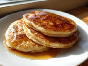 A close-up of a stack of three golden brown maple ginger pancakes generously drizzled with syrup on a white plate.