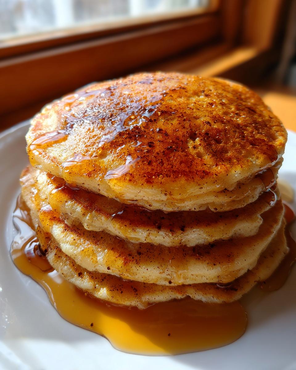 A tall stack of golden brown maple ginger pancakes generously drizzled with syrup.