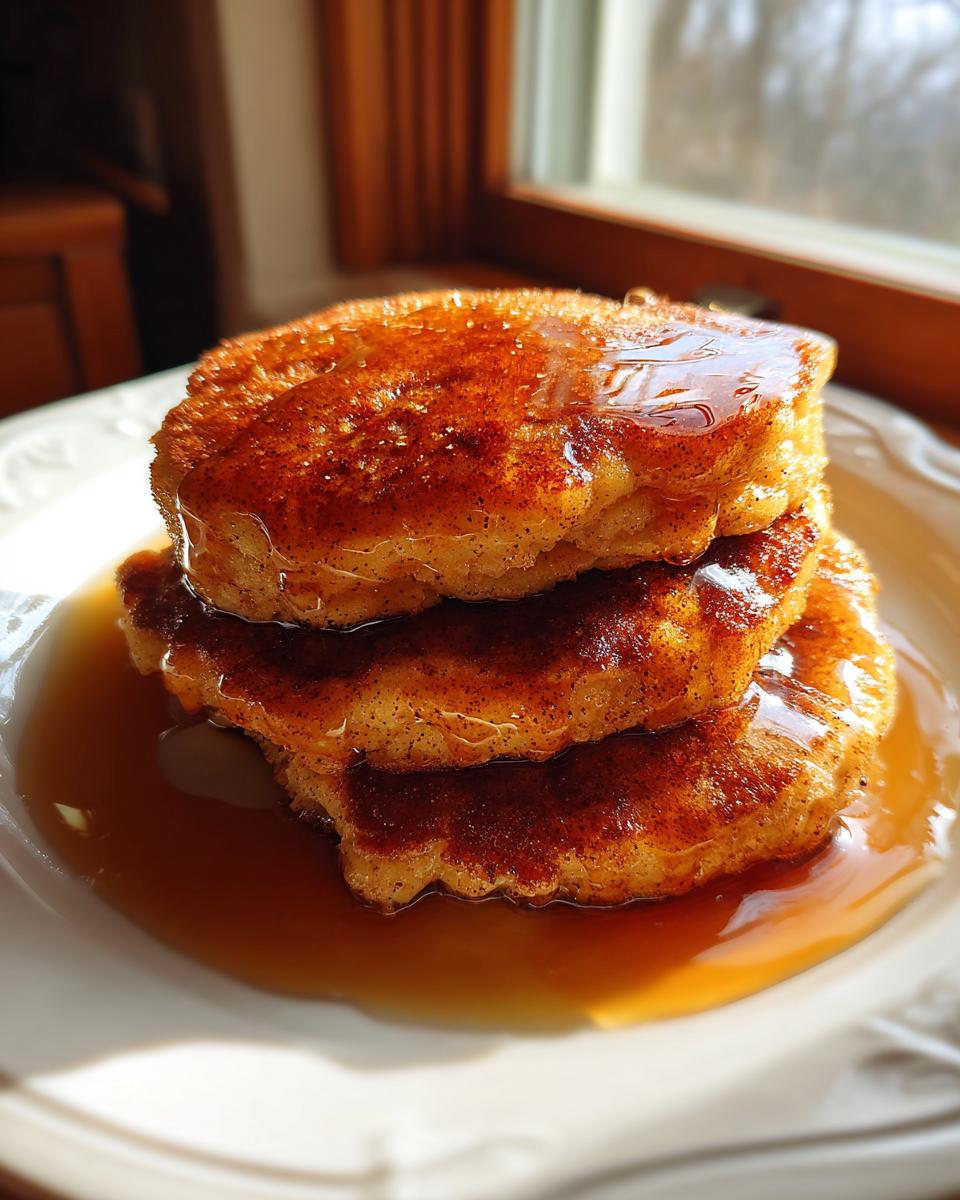 Close-up of a stack of three fluffy maple ginger pancakes generously covered in syrup.