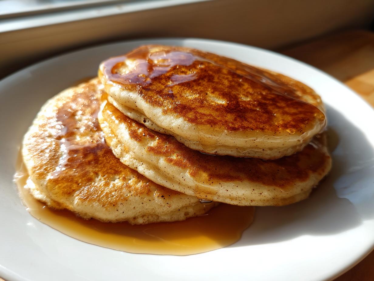 A close-up of a stack of three golden brown maple ginger pancakes generously drizzled with syrup on a white plate.