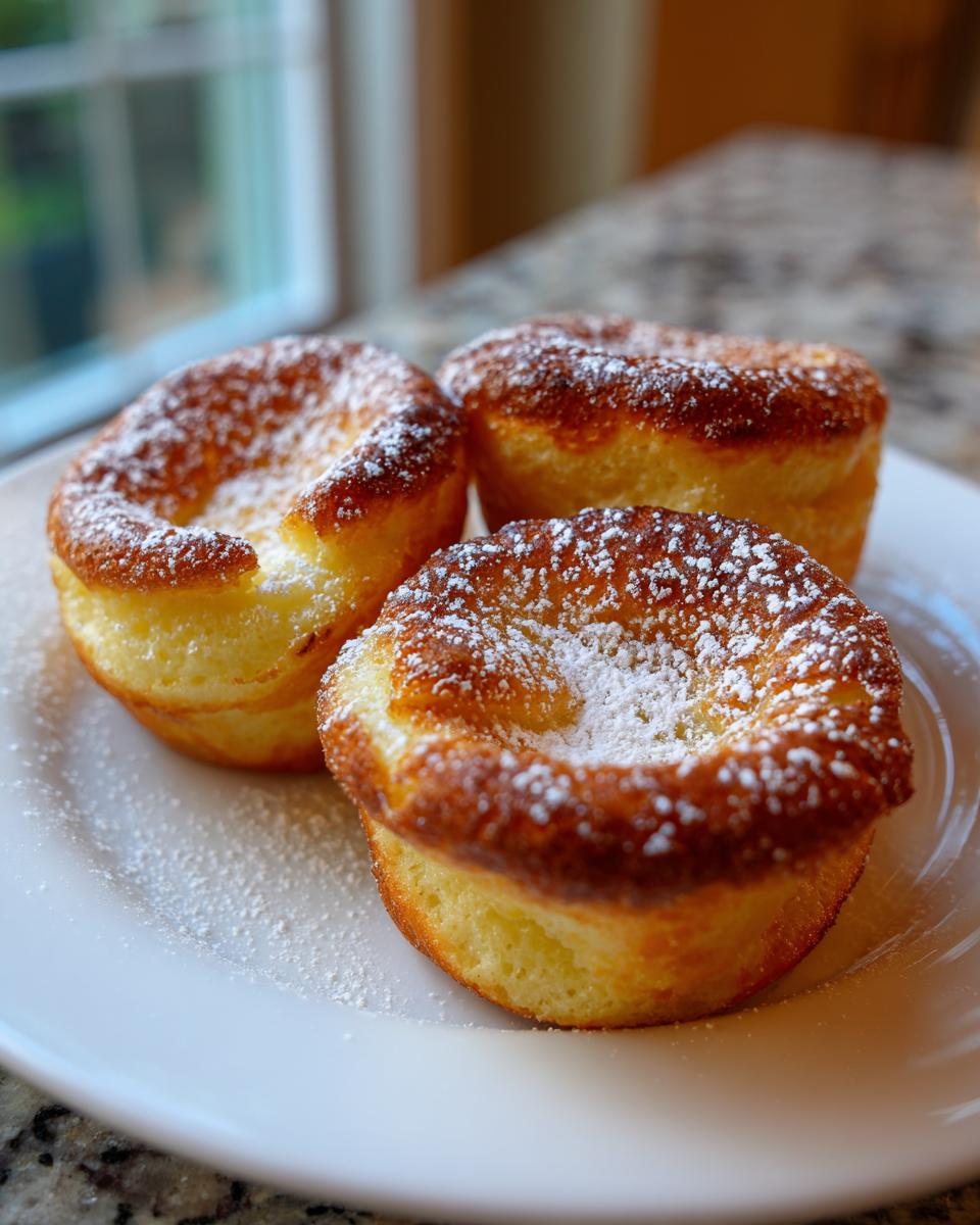 Three golden brown mini dutch baby pancakes dusted generously with powdered sugar, served on a white plate.