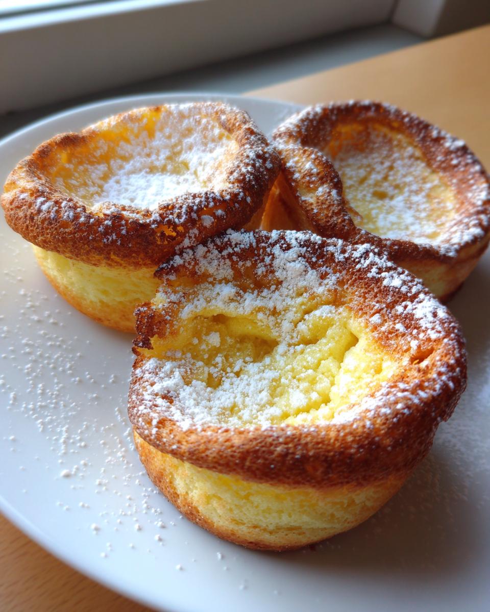 Three golden-brown mini dutch baby pancakes dusted generously with powdered sugar on a white plate.