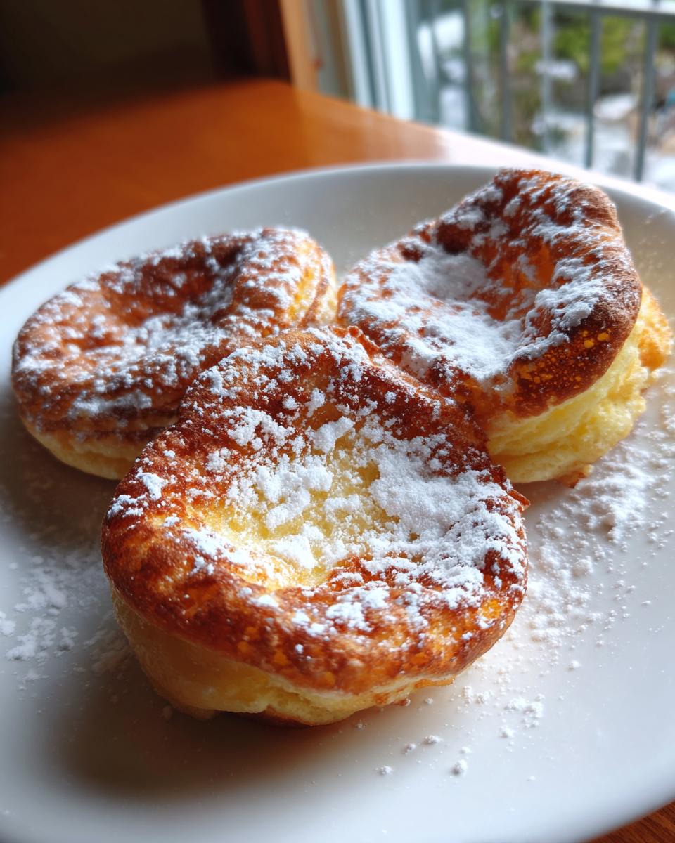 Three golden brown mini dutch baby pancakes dusted generously with powdered sugar on a white plate.