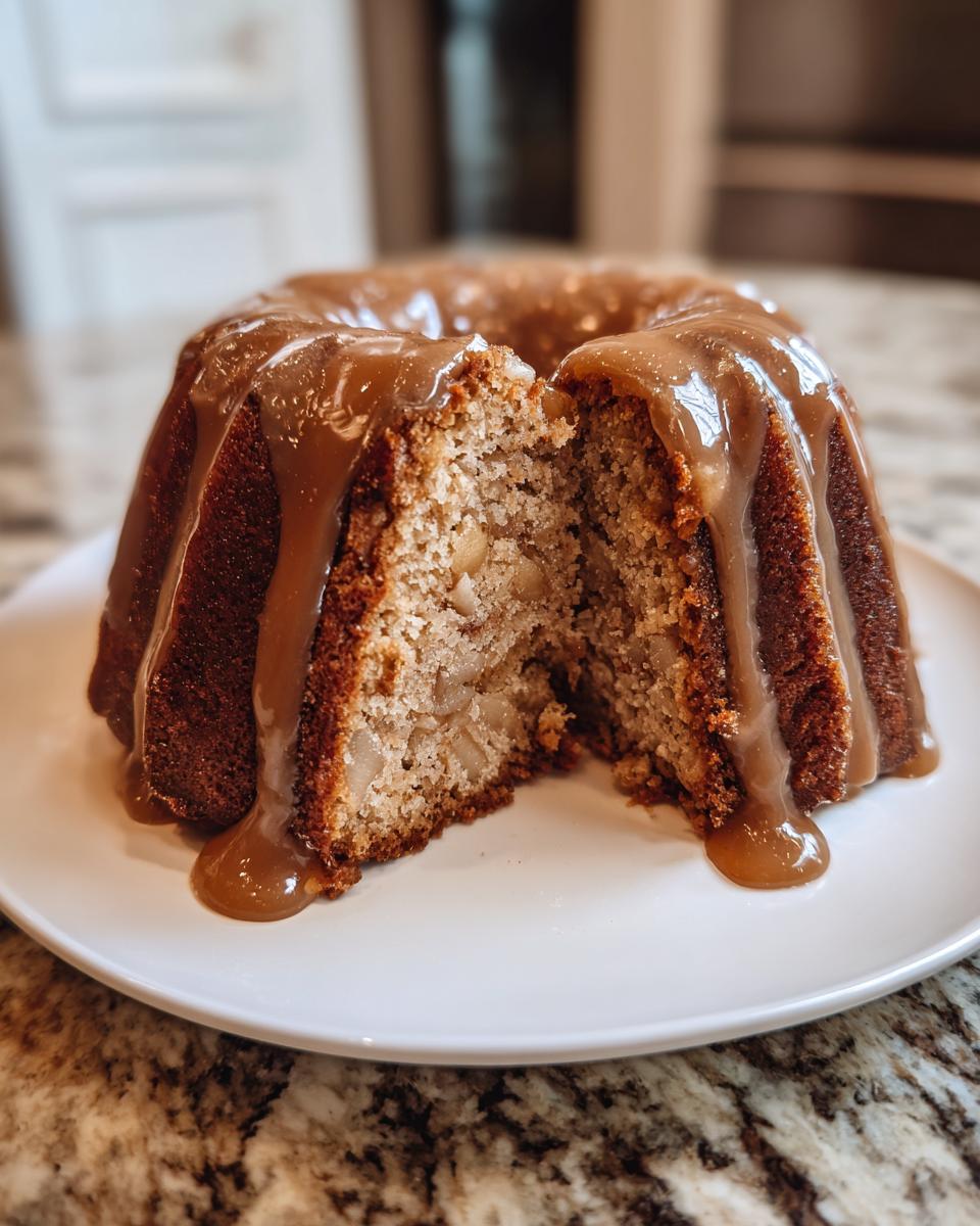 A slice cut from a moist apple amaretto cake, topped with a thick caramel glaze dripping down the sides.