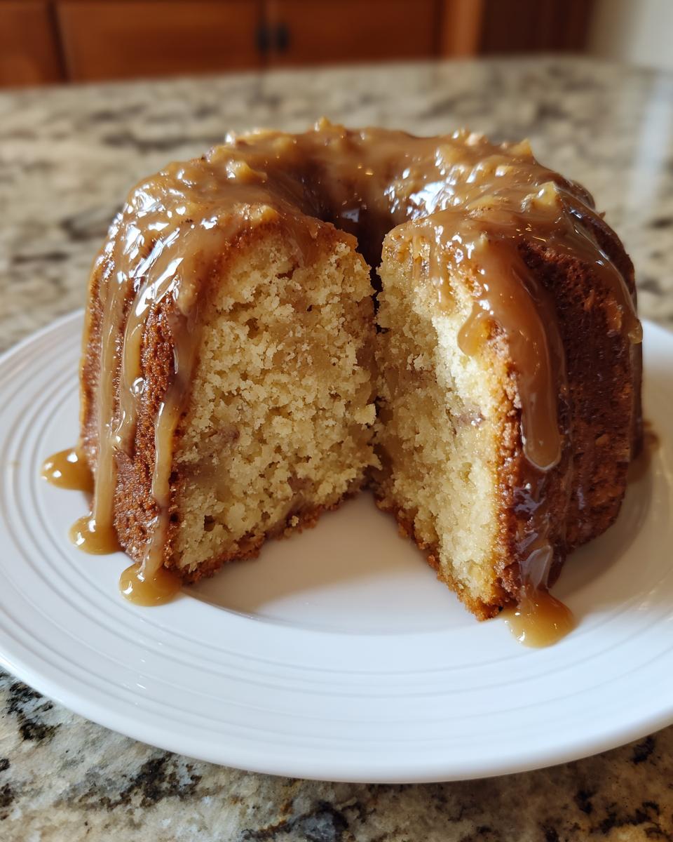 A moist apple amaretto cake, cut in half, showing the crumb and drizzled with a thick caramel glaze.