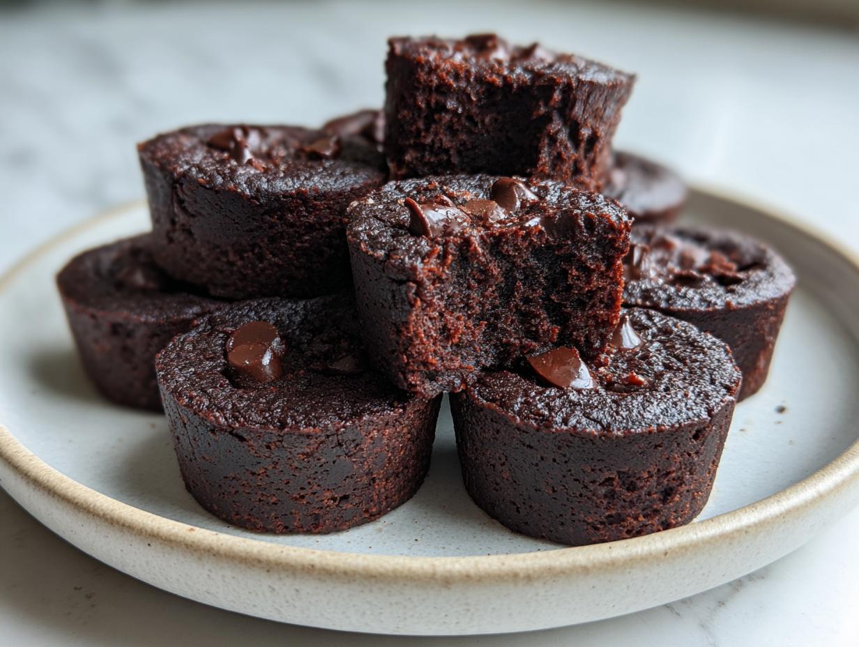 A stack of rich, dark black bean brownie bites topped with melted chocolate chips on a light ceramic plate.