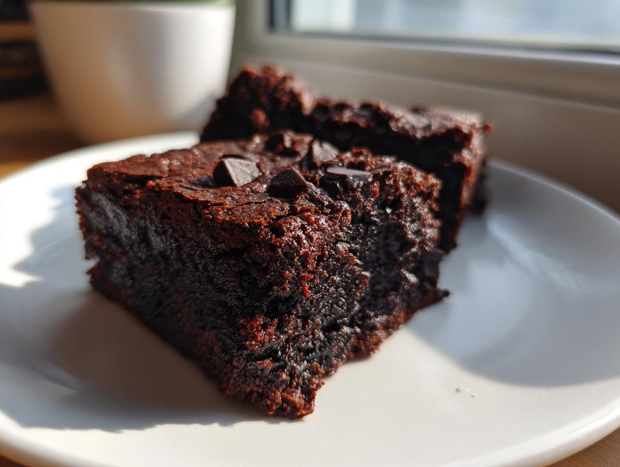 Two rich, dark slices of black bean brownies no sugar topped with chocolate chips, sitting on a white plate near a window.