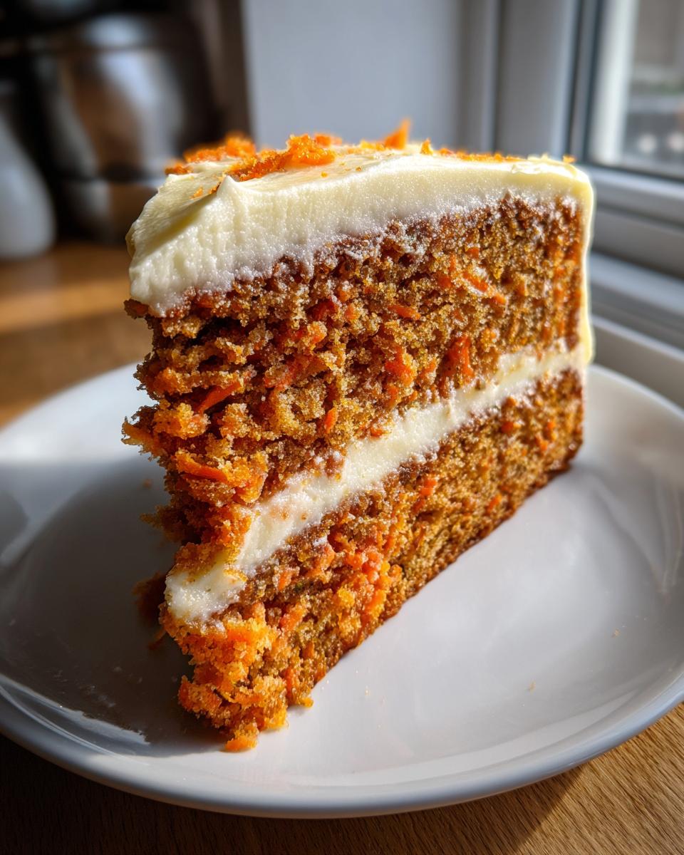 Close-up of a thick slice of moist carrot cake recipe with two layers of cake and cream cheese frosting.
