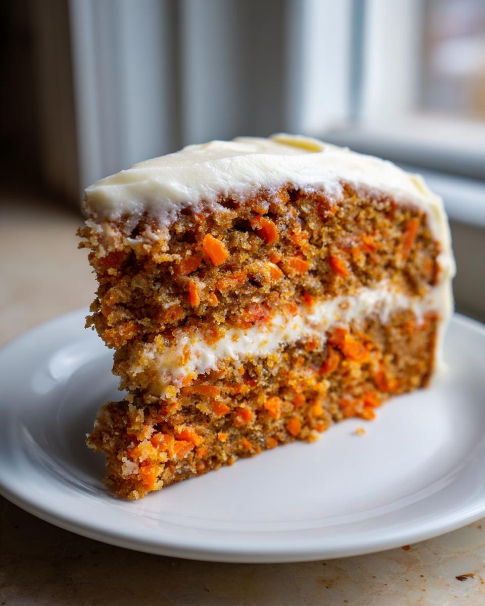 A tall slice of moist carrot cake recipe layered with thick cream cheese frosting, served on a white plate.