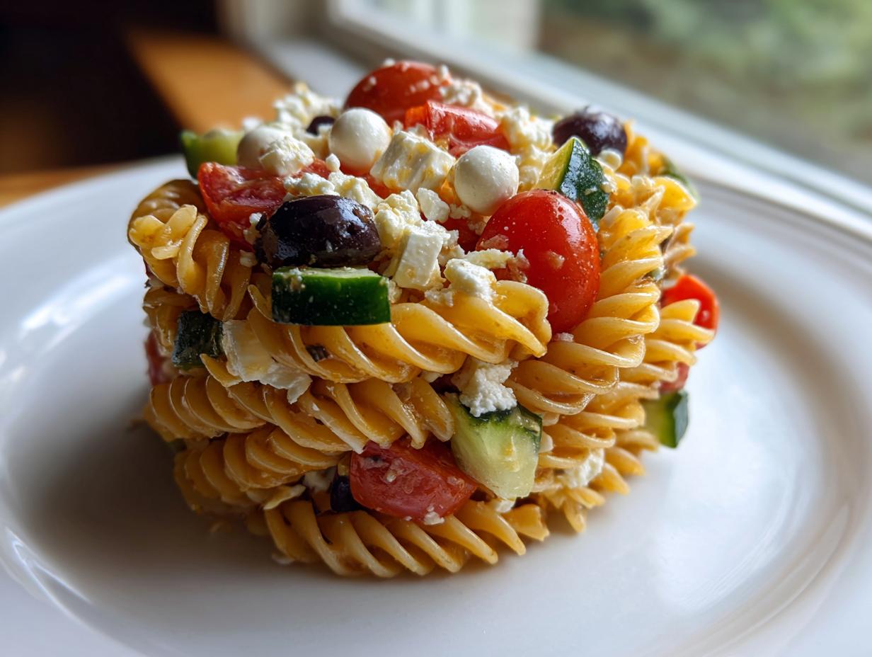A molded serving of Greek-style pasta salad featuring rotini pasta, cherry tomatoes, cucumber, olives, and feta cheese.
