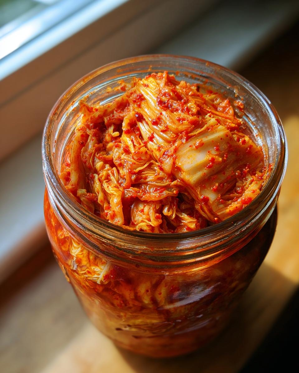 Close-up of bright red napa cabbage kimchi packed tightly into a clear glass jar.