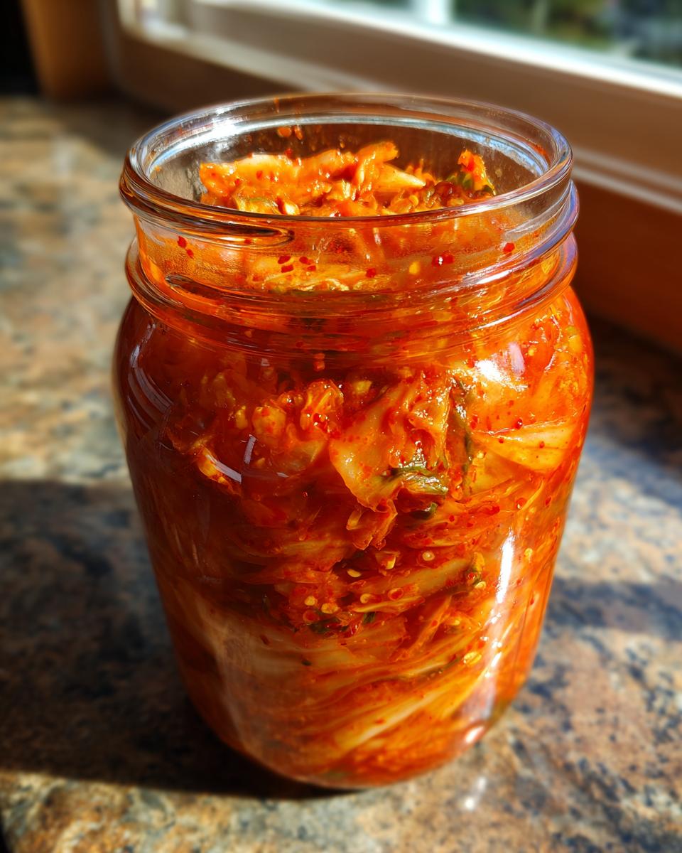 A glass jar filled with vibrant, bright red napa cabbage kimchi sitting on a speckled countertop near a window.