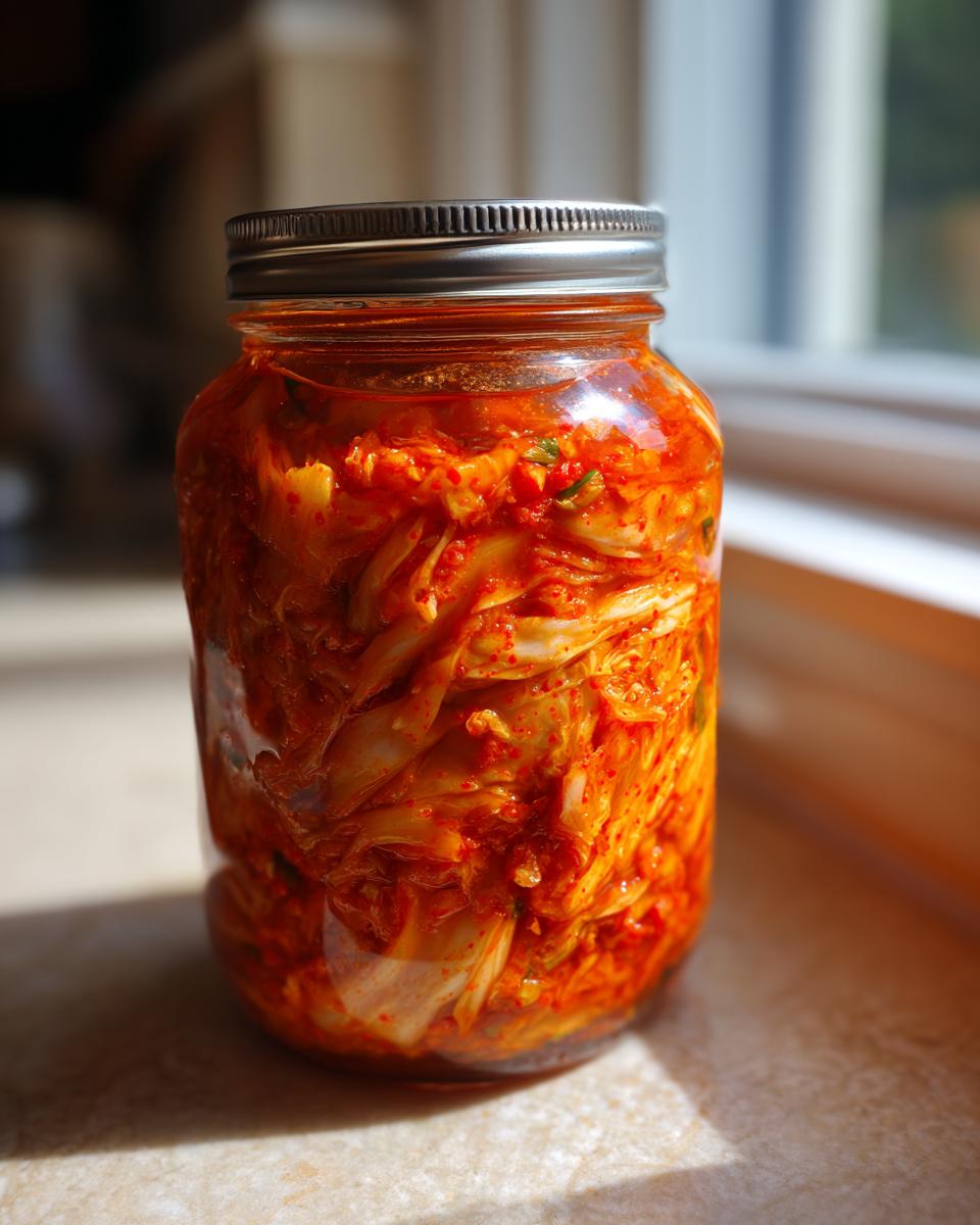 A glass jar filled with vibrant, red napa cabbage kimchi, sealed with a metal lid, sitting on a counter near a window.