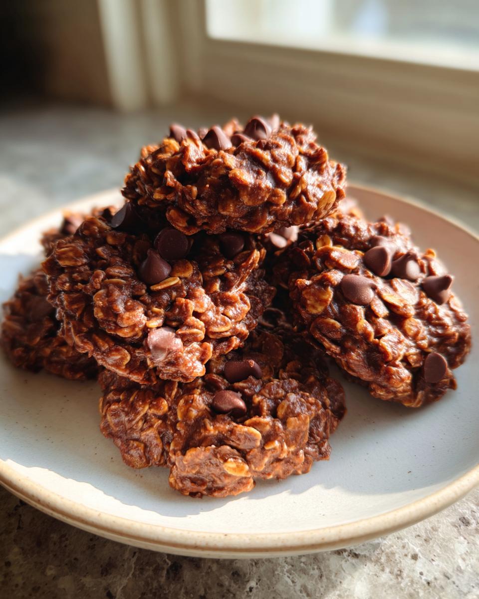A close-up photo of a small stack of rich, dark no bake oatmeal peanut butter chocolate chip cookies on a light plate.