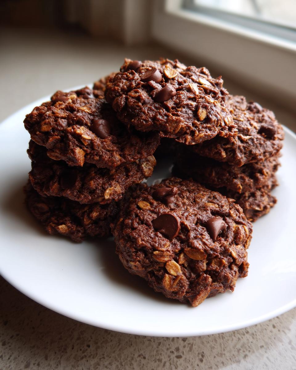 A stack of rich, dark no bake oatmeal peanut butter chocolate chip cookies piled on a white plate.