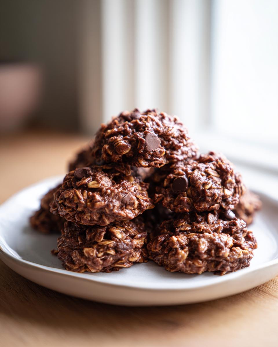 A stack of rich, chocolatey no bake oatmeal peanut butter chocolate chip cookies on a white plate.