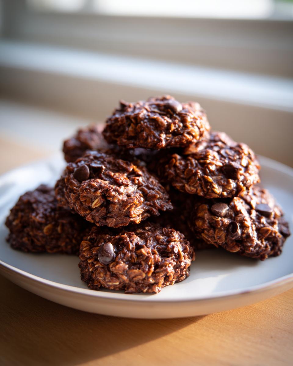 A close-up stack of rich, dark no bake oatmeal peanut butter chocolate chip cookies on a light plate.