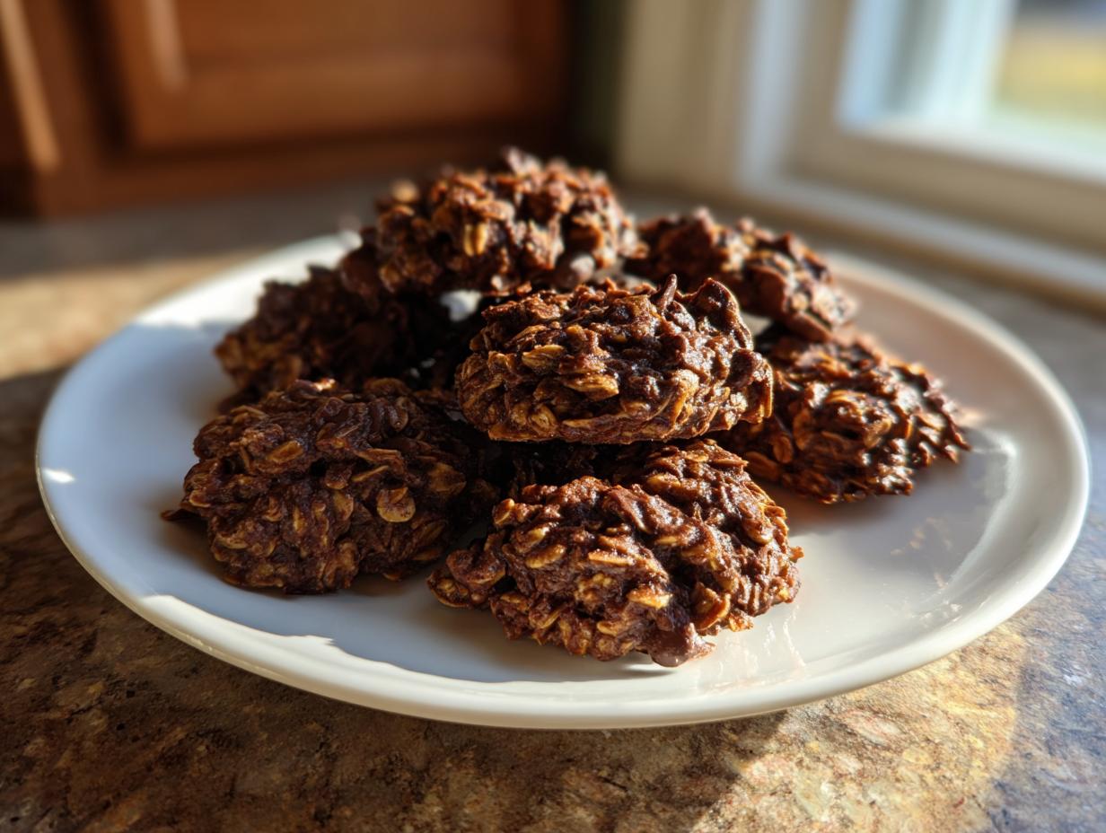 A stack of rich, dark no bake oatmeal peanut butter chocolate chip cookies piled on a white plate.