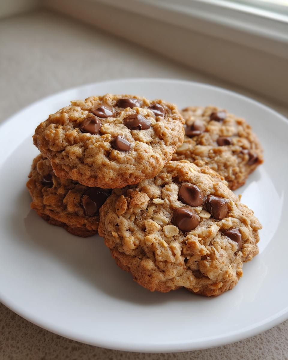 A stack of freshly baked oatmeal peanut butter chocolate chip cookies topped with melted chocolate chips on a white plate.