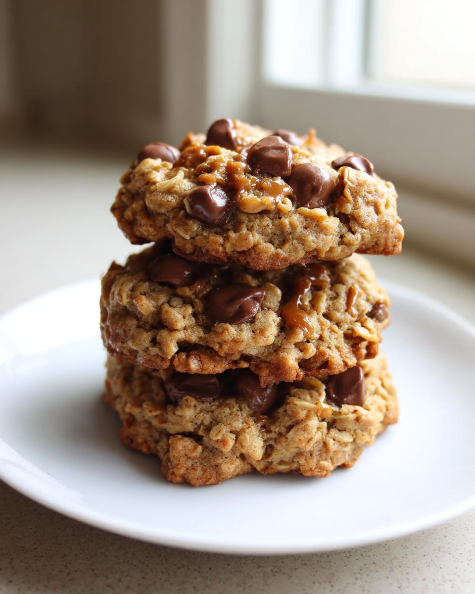 A stack of three chewy oatmeal peanut butter chocolate chip cookies topped with melted chocolate chips and caramel.