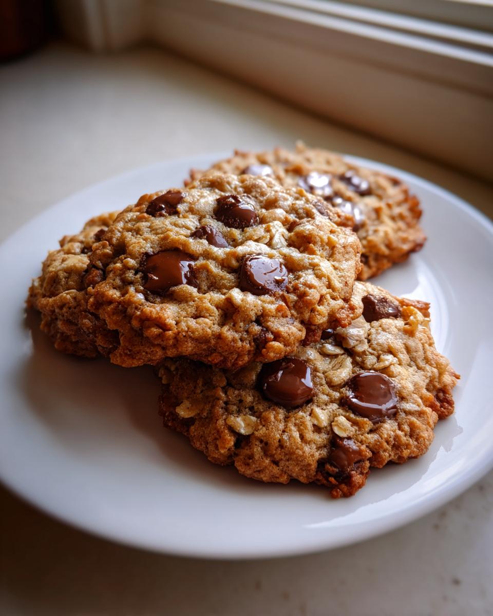 Three freshly baked oatmeal peanut butter chocolate chip cookies stacked slightly on a white plate.