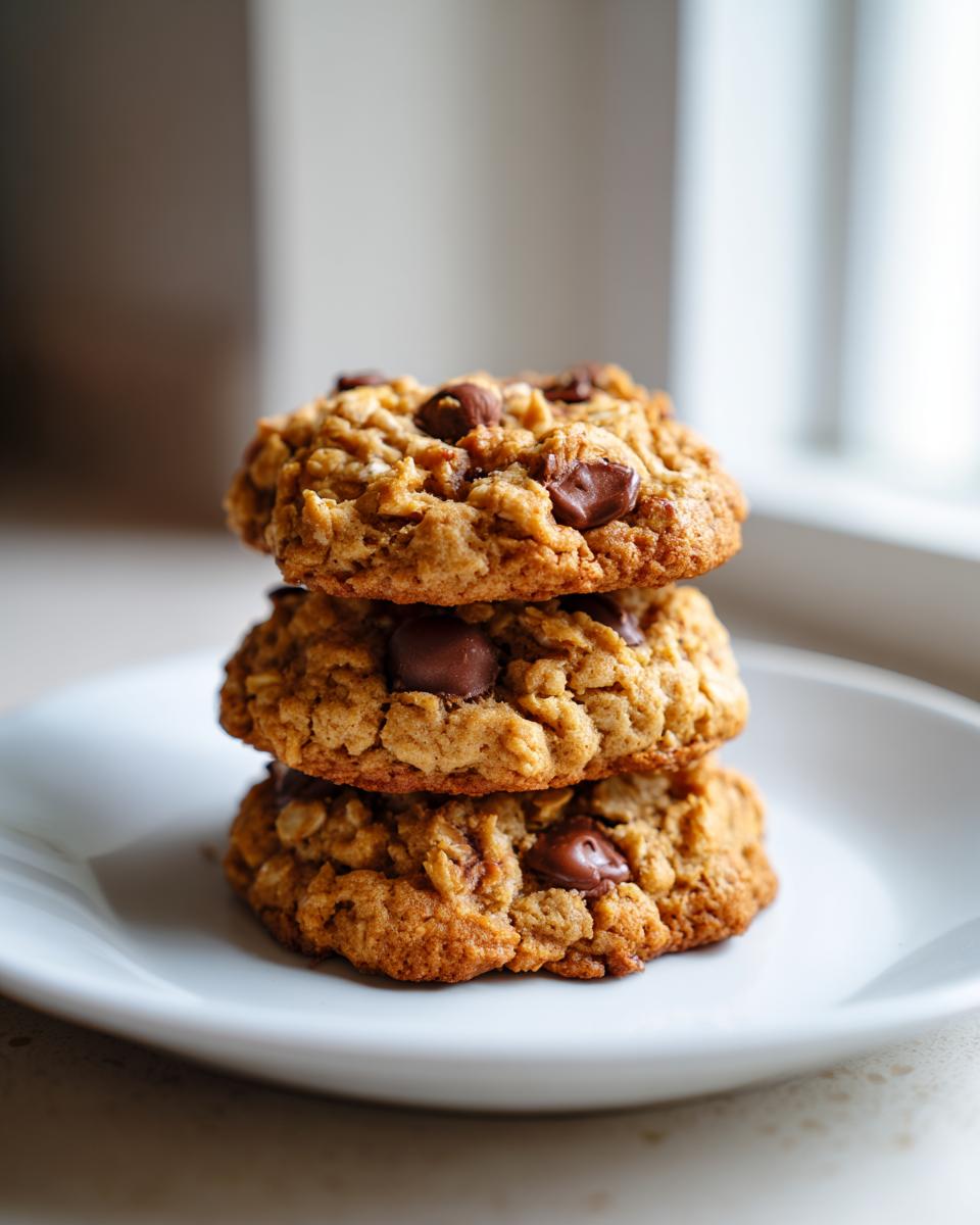 Three delicious oatmeal peanut butter chocolate chip cookies stacked on a white plate.