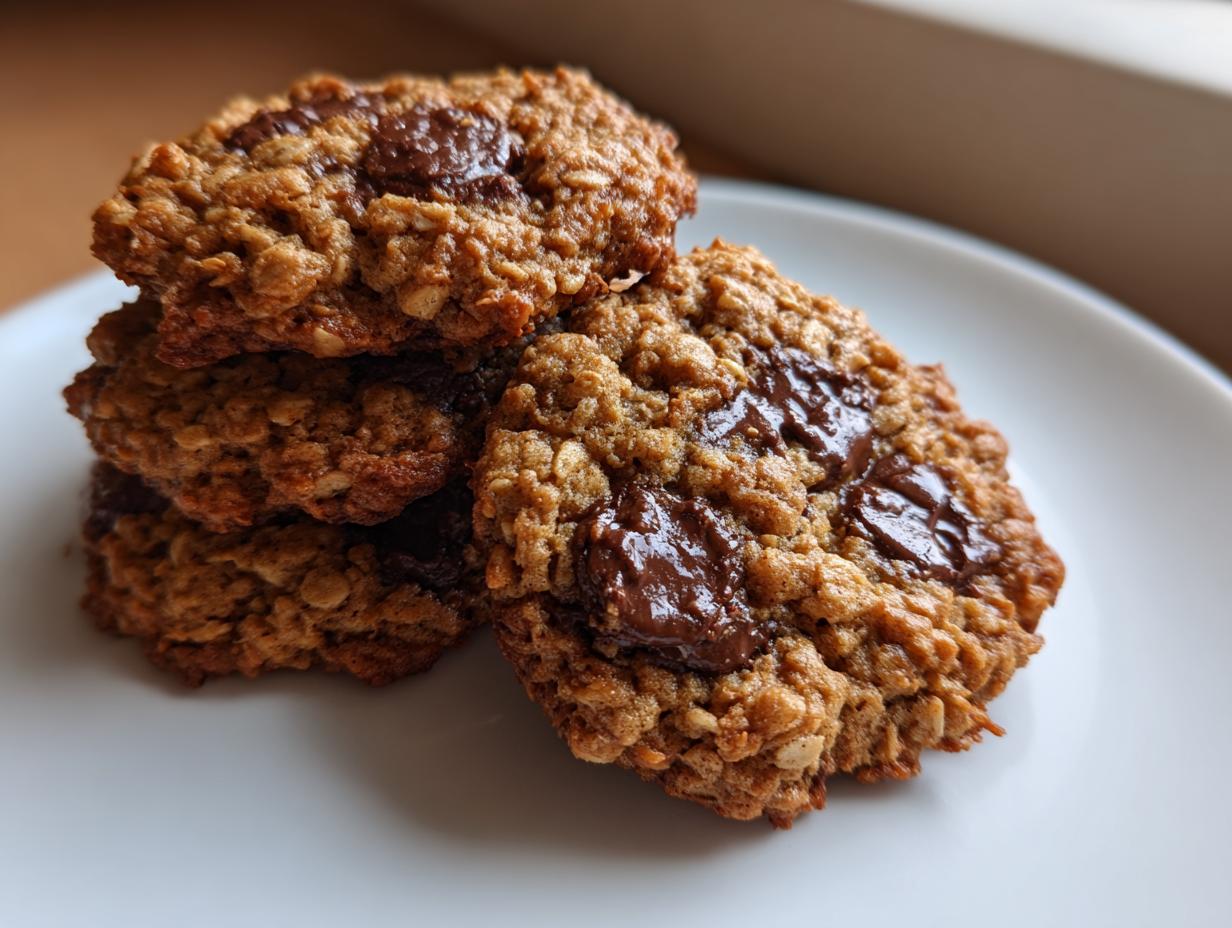 A close-up stack of four chewy oatmeal peanut butter chocolate chip cookies with melted chocolate chunks on a white plate.