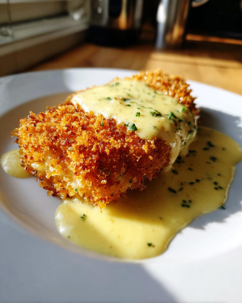 A golden, crispy parmesan crusted chicken breast generously topped with creamy garlic sauce on a white plate.
