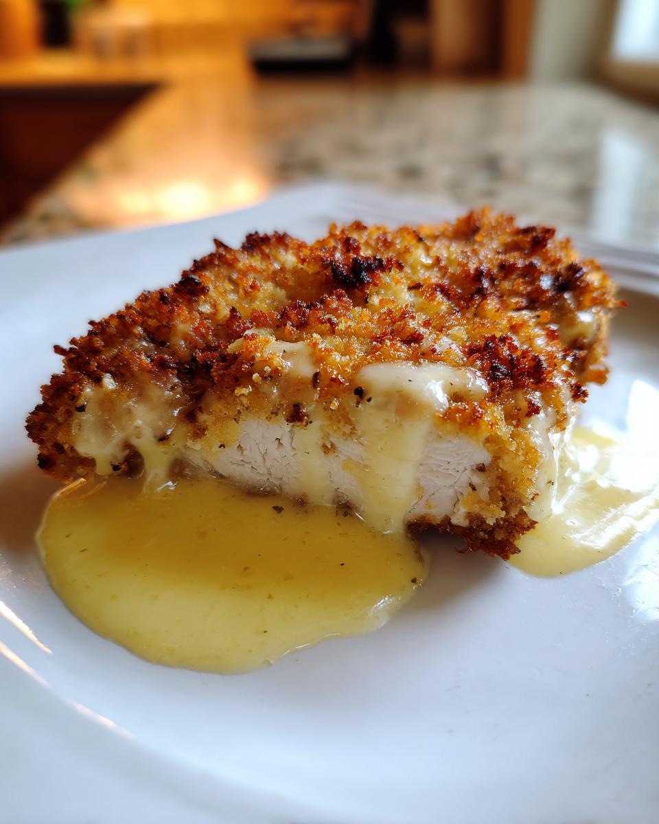 A close-up of parmesan crusted chicken cut in half, showing the white meat and dripping with creamy garlic sauce.