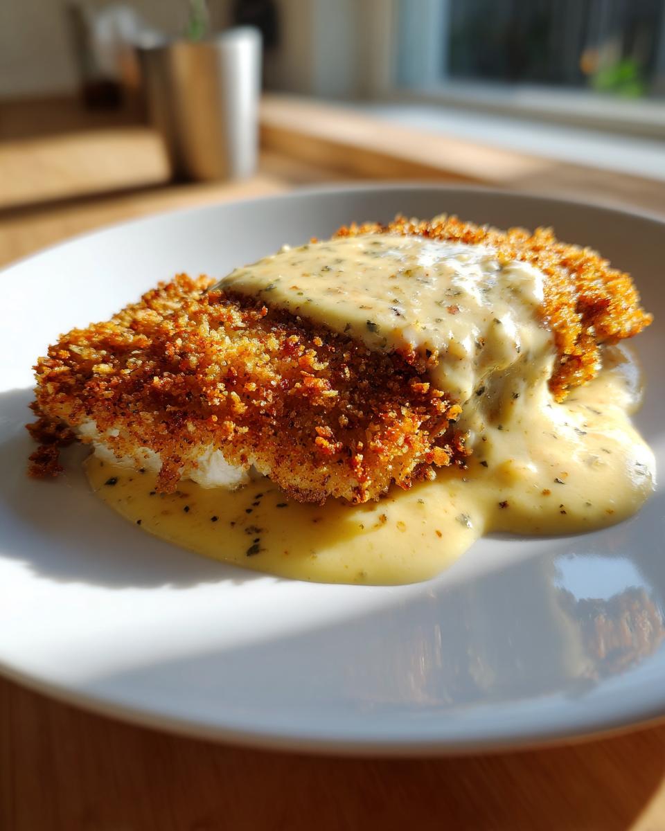 A golden brown parmesan crusted chicken breast generously topped with creamy garlic sauce.