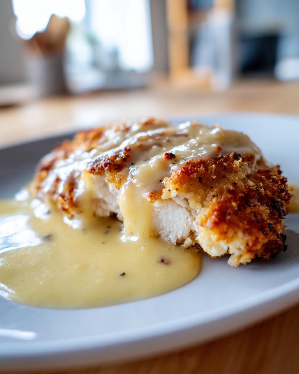 Close-up of a bite taken out of parmesan crusted chicken smothered in creamy garlic sauce.