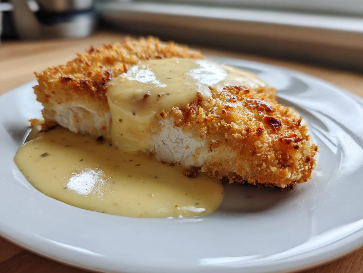 Close-up of parmesan crusted chicken smothered in creamy garlic sauce on a white plate.