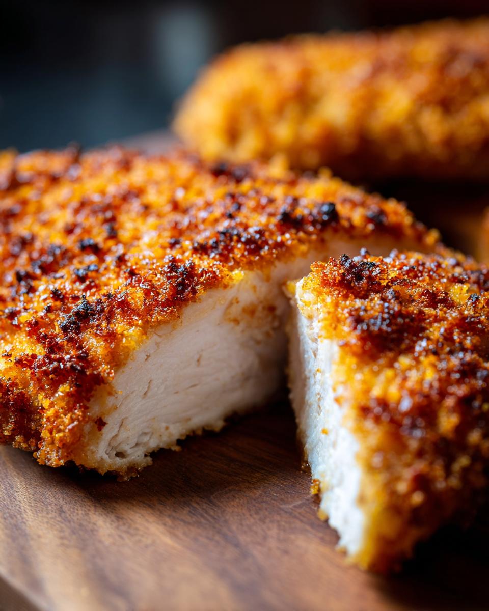 Close-up of perfectly cooked parmesan crusted chicken, sliced open to show juicy white meat.