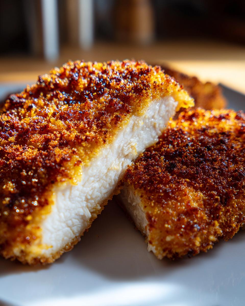 Close-up of perfectly cooked parmesan crusted chicken, showing the juicy white interior and golden-brown crust.