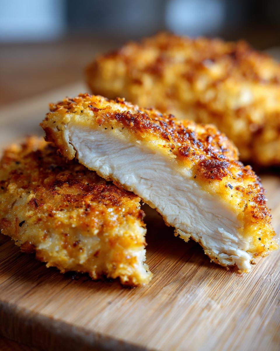 Close-up of parmesan crusted chicken cut in half, showing the white, juicy interior and golden crust.