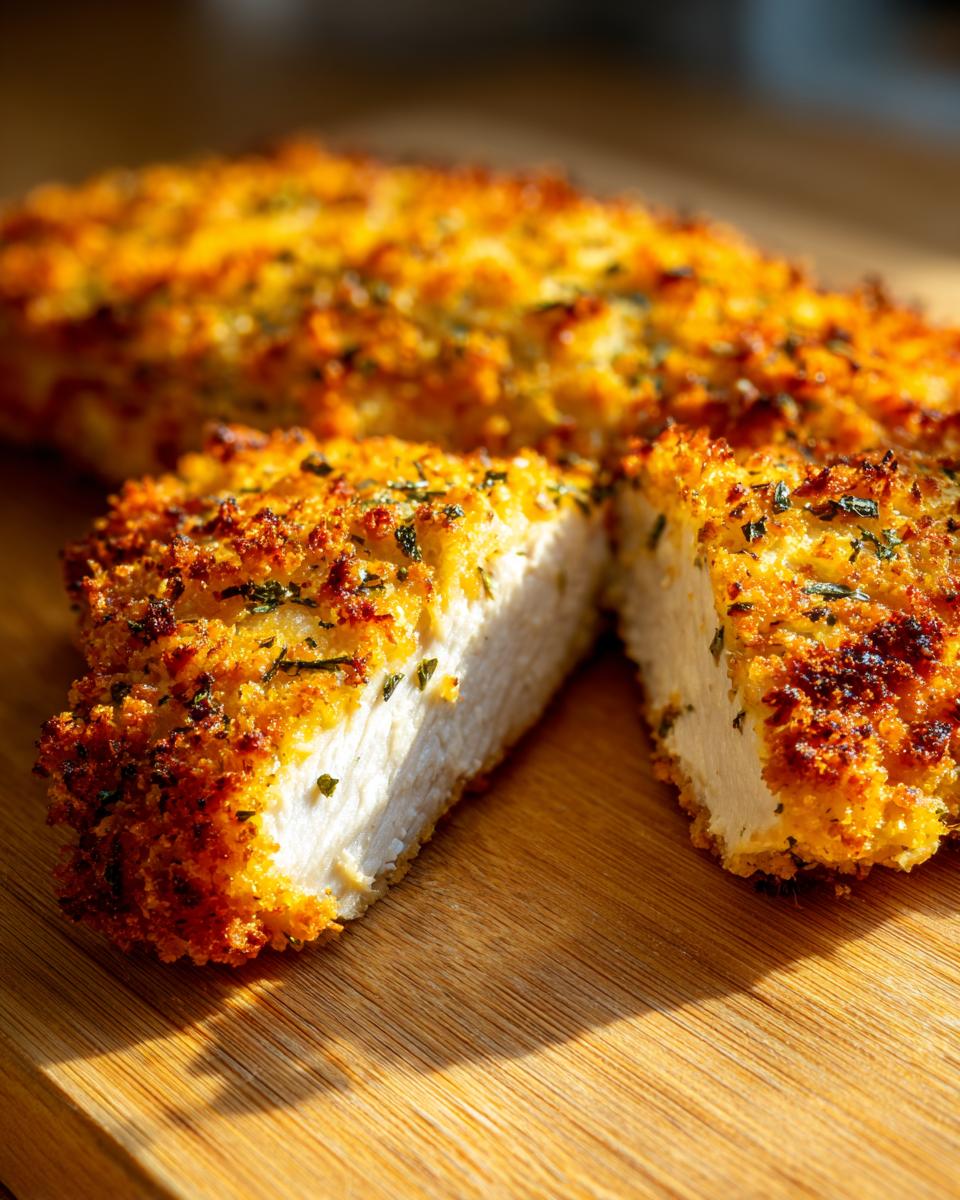 Close-up of juicy parmesan crusted chicken breast sliced open on a wooden board, showing the white interior.
