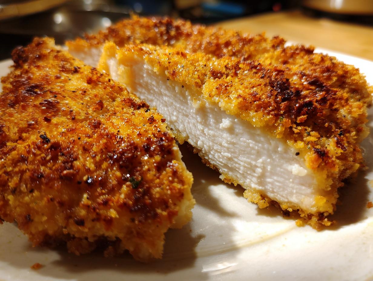 Close-up of perfectly cooked parmesan crusted chicken, showing the juicy white interior and golden-brown crust.
