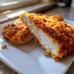 Close-up of perfectly cooked parmesan crusted chicken with mayo, showing a juicy white interior and crispy orange coating.