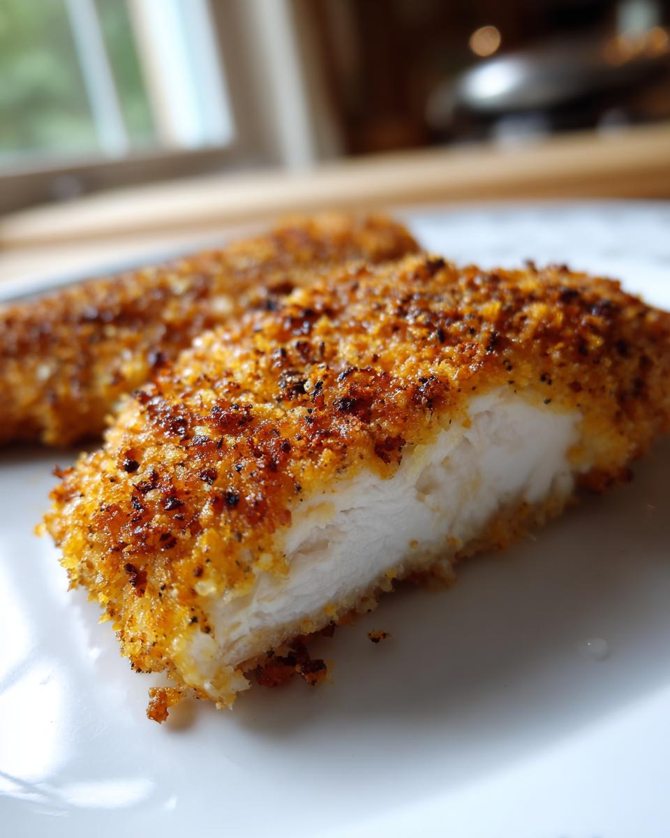 A cross-section view of juicy parmesan crusted chicken showing the white interior and golden, crispy coating.