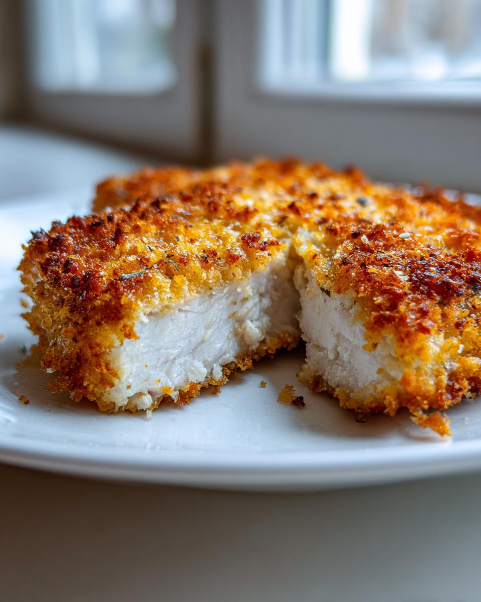 Close-up of juicy parmesan crusted chicken with mayo, cut in half showing the white interior.