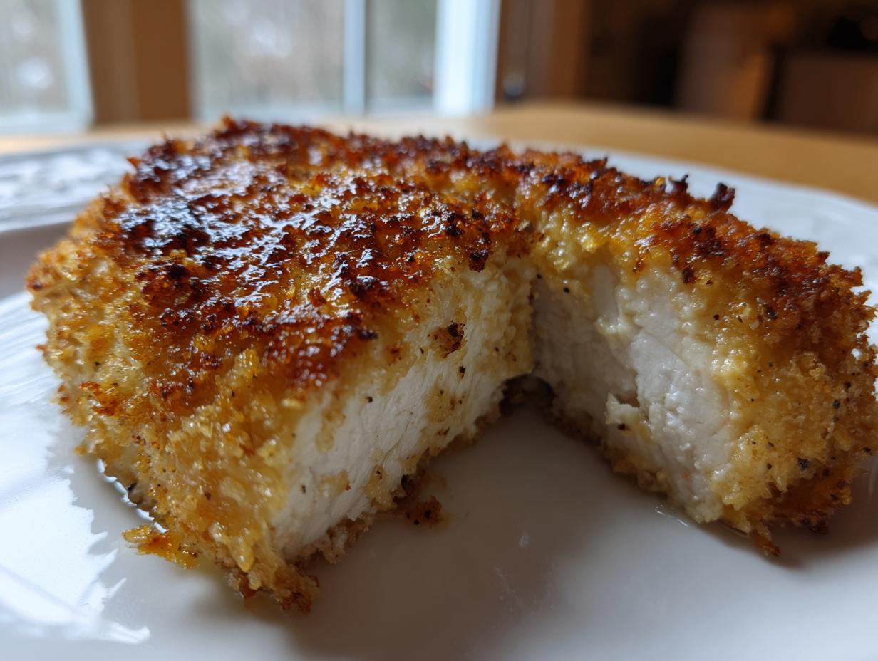 Close-up of a perfectly cooked parmesan crusted chicken with mayo, showing the golden crust and moist white interior.