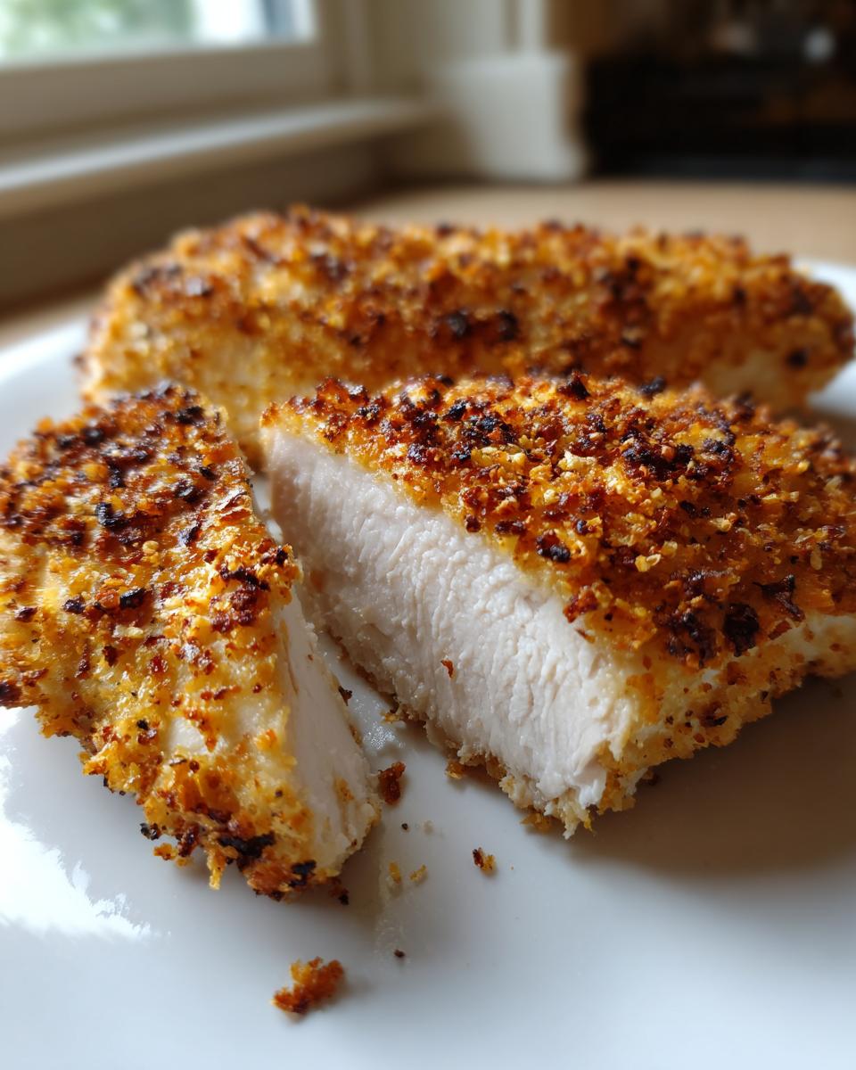 Close-up of perfectly cooked parmesan crusted chicken with mayo, showing the juicy white interior and golden crust.