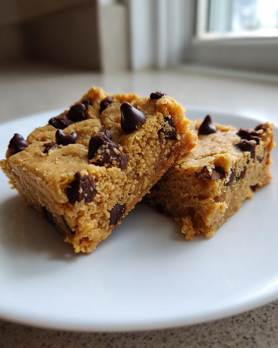 Close-up of two thick peanut butter chocolate chip cookie bars stacked slightly on a white plate.