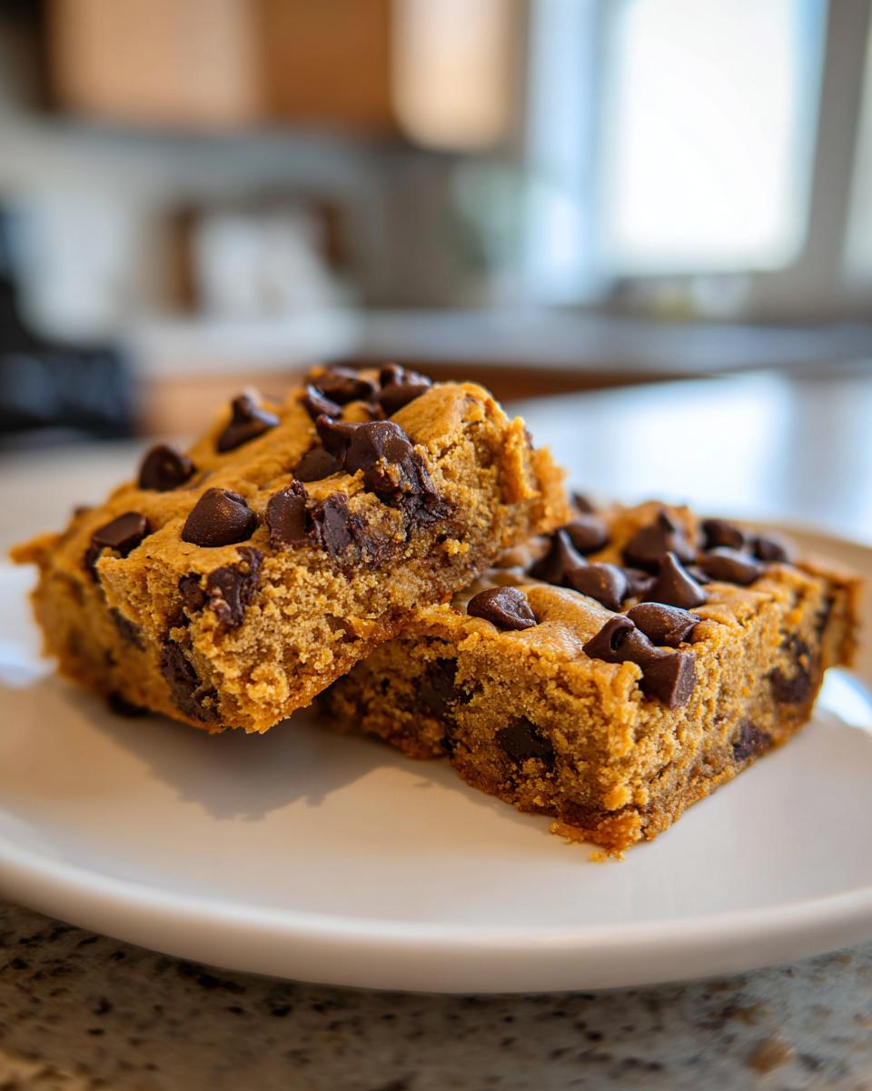 Close-up of two fudgy peanut butter chocolate chip cookie bars stacked slightly on a white plate.