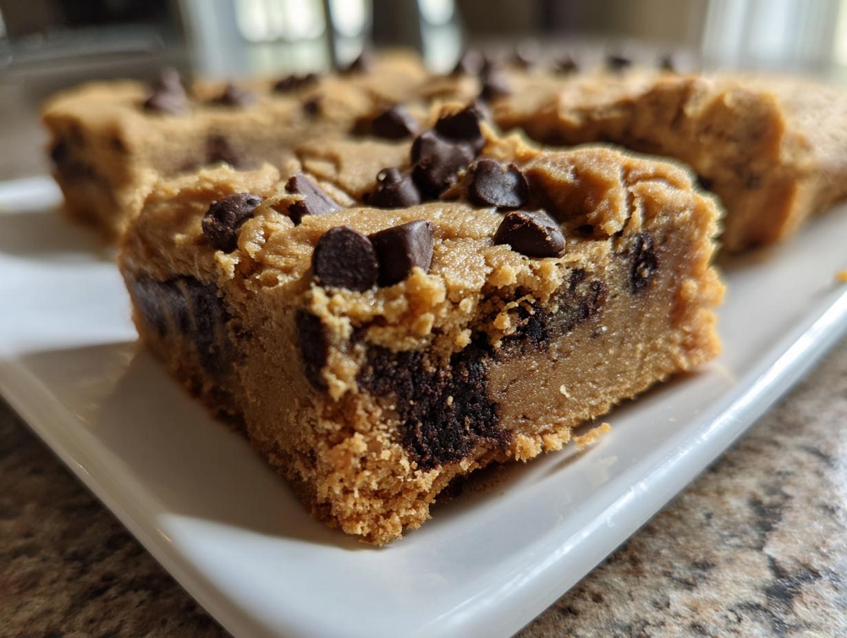 A thick, fudgy slice of peanut butter chocolate chip cookie bars topped with melted chocolate chips.